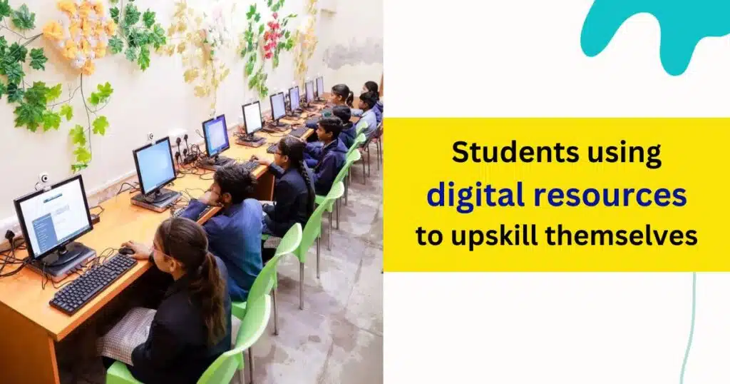 Students learning digital skill on computer with Apnipathshala pod