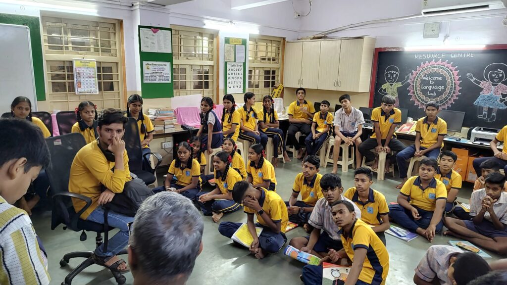 The kids at Nandadeep School with Mr. Vijay Sarate- the director of Narayan Chandra Trust.