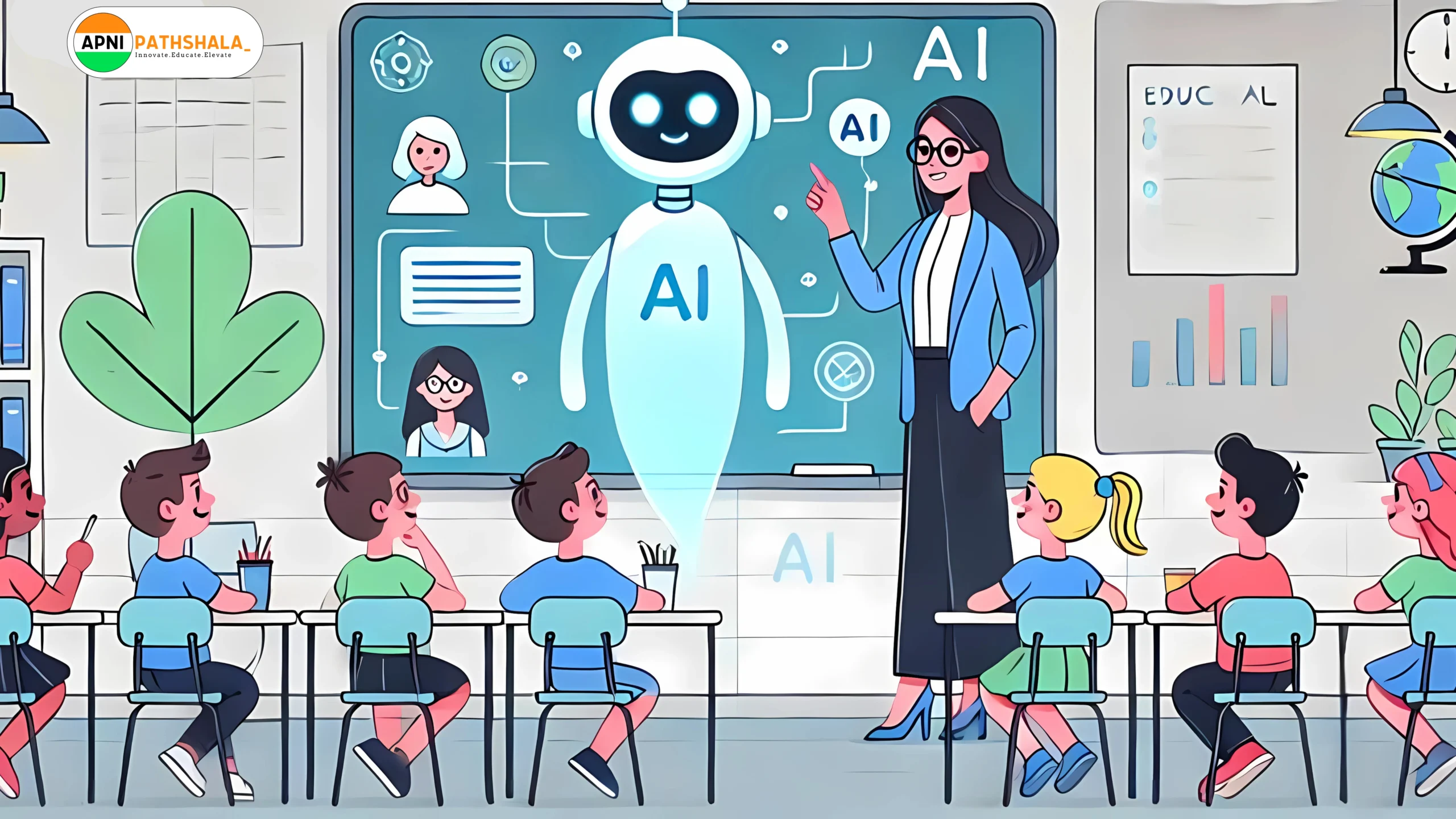 AI in classroom: A teacher using AI to teach her students.