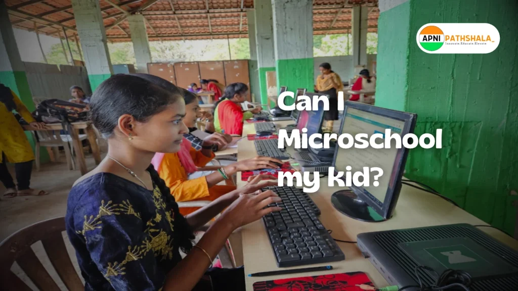 A girl studying in a community micro-school with a text that says “Can I micro-school my kid?”